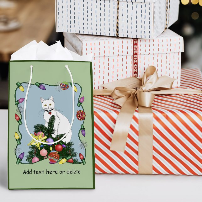Festive Funny Christmas Tree Funny White Cat Green Medium Gift Bag (Creator Uploaded)