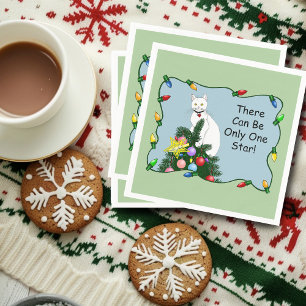 Festive Funny Christmas Tree Funny White Cat Green Napkin