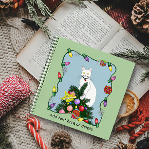 Festive Funny Christmas Tree Funny White Cat Green Notebook