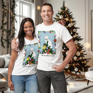 Festive Funny Christmas Tree Funny White Cat Green T-Shirt