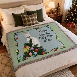 Festive Funny Christmas Tree Funny White Cat Green Throw Blanket