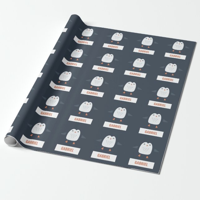 festive funny cute penguin personalised childrens wrapping paper (Unrolled)