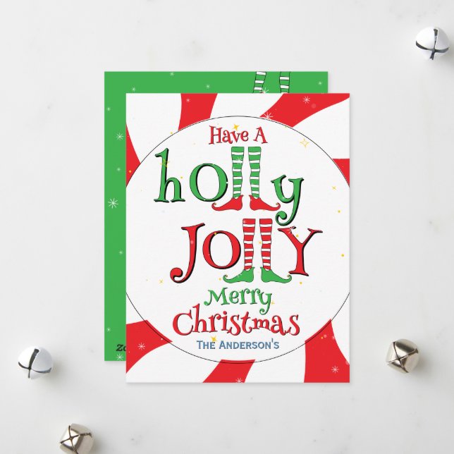 Festive Funny Holly Jolly Merry Christmas Elf Legs Holiday Card (Front/Back In Situ)