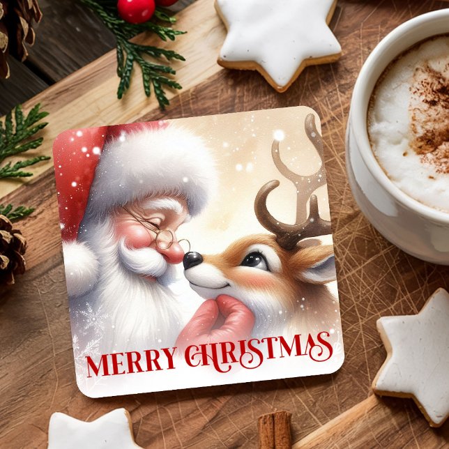Festive Funny Santa Rudolph Christmas Drink Coaste Square Paper Coaster (Festive Funny Santa Rudolph Christmas Drink Coasters)