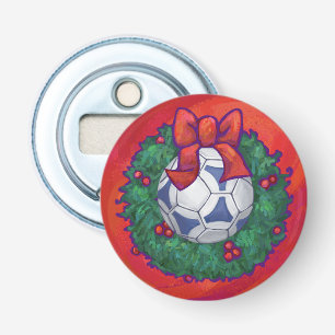 Festive Futbal in Wreath on Red Bottle Opener