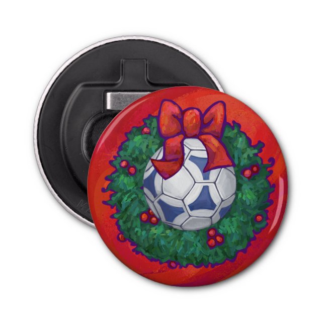 Festive Futbal in Wreath on Red Bottle Opener (Front)