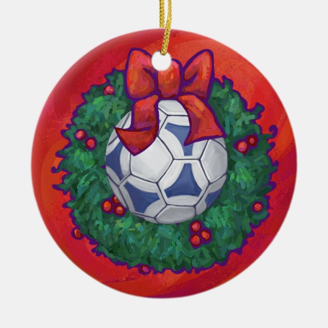 Festive Futbal in Wreath on Red Ceramic Tree Decoration (Front)