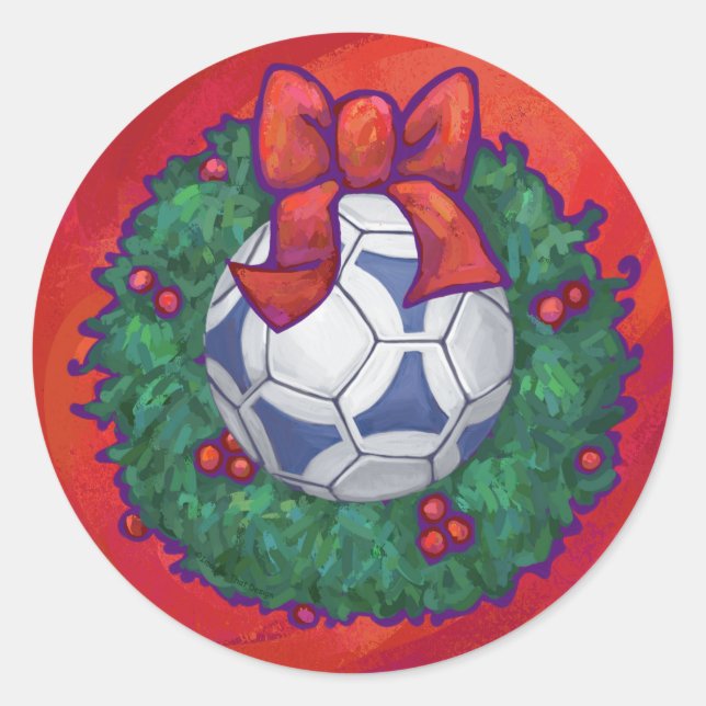 Festive Futbal in Wreath on Red Classic Round Sticker (Front)