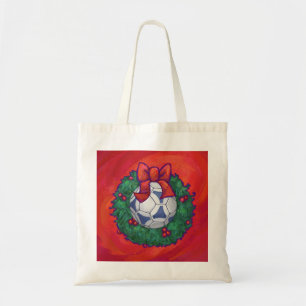 Festive Futbal in Wreath on Red Tote Bag