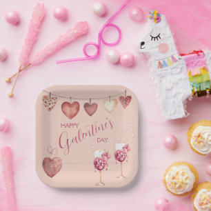 Festive Galentine's Day Wine Glasses and Hearts  Paper Plate
