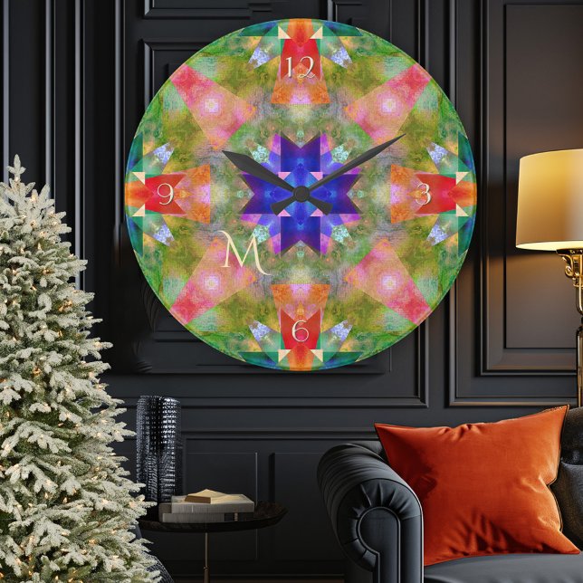 Festive Geometric Art Christmas Wall Clock (Festive geometric watercolor art Christmas wall clock)