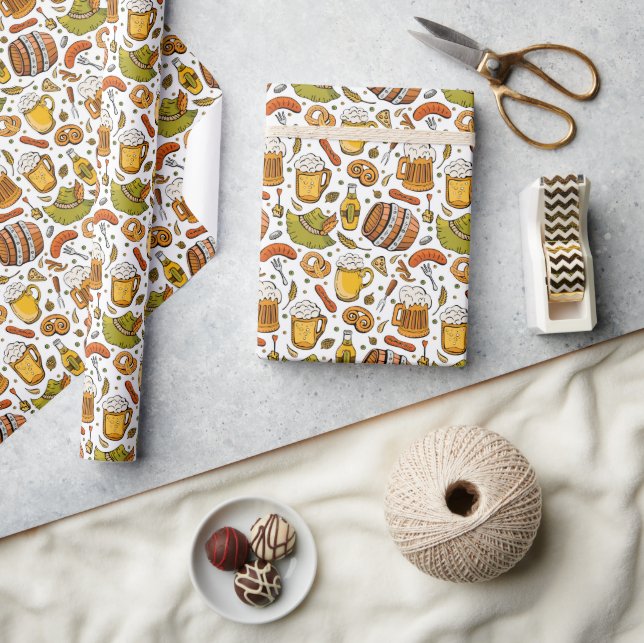 Festive German Oktoberfest Beer and Sausages  Wrapping Paper (Crafts)