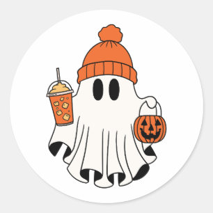 Festive Ghost with Pumpkin Basket & Iced Latte Classic Round Sticker