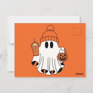 Festive Ghost with Pumpkin Basket & Iced Latte Postcard