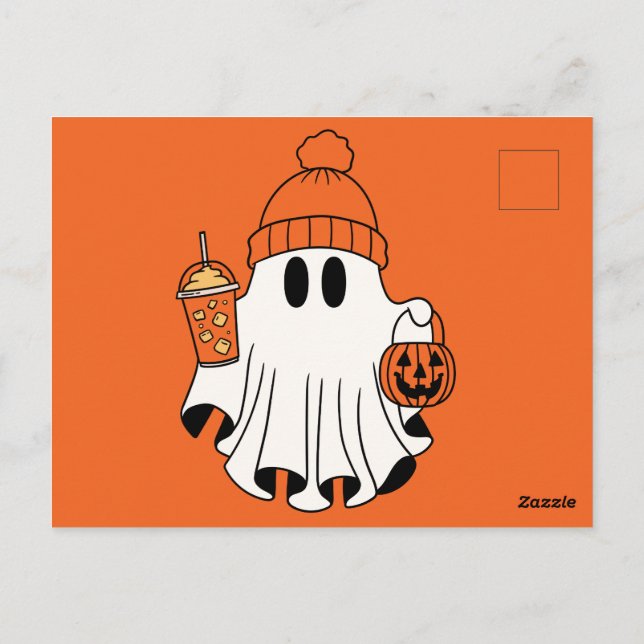 Festive Ghost with Pumpkin Basket & Iced Latte Postcard (Back)