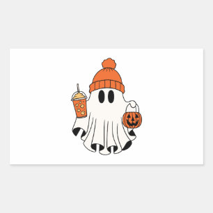 Festive Ghost with Pumpkin Basket & Iced Latte Rectangular Sticker