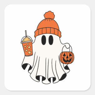 Festive Ghost with Pumpkin Basket & Iced Latte Square Sticker