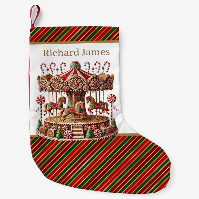 Festive Gingerbread carousel add name  Small Christmas Stocking (Front)