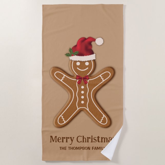 Festive Gingerbread Christmas Cookie With Text Beach Towel (Front)