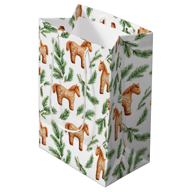Festive Gingerbread Horse & Pine Pattern Medium Gift Bag (Front Angled)