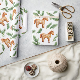 Festive Gingerbread Horse & Pine Pattern Wrapping Paper