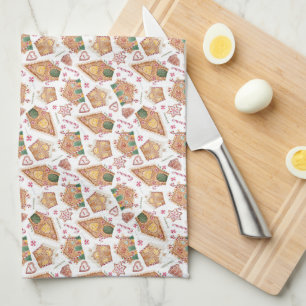 Festive Gingerbread House Pattern White Christmas Tea Towel
