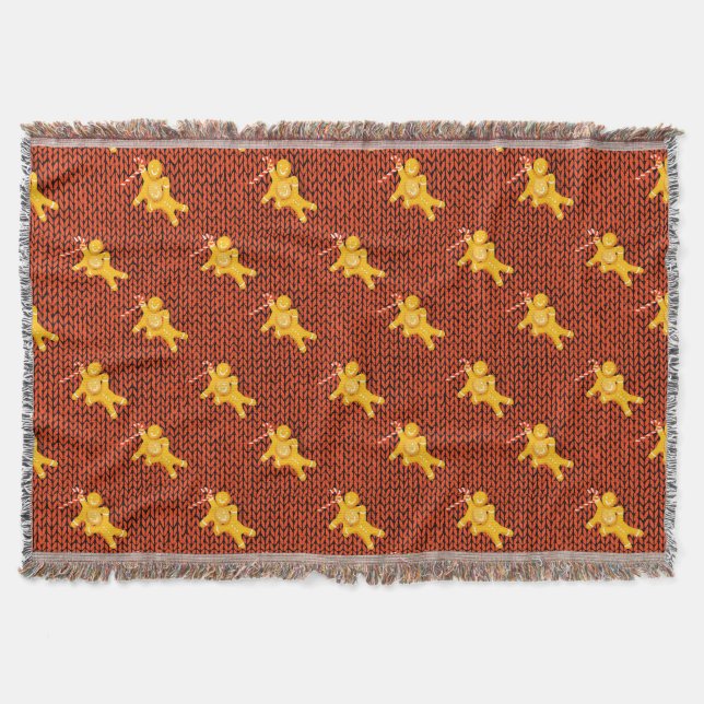 Festive Gingerbread Man & Knit Pattern Christmas  Throw Blanket (Front)