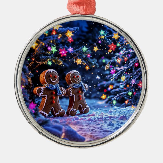 Festive gingerbread men snow fantasy metal tree decoration (Front)