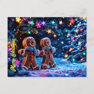 Festive gingerbread men snow fantasy postcard