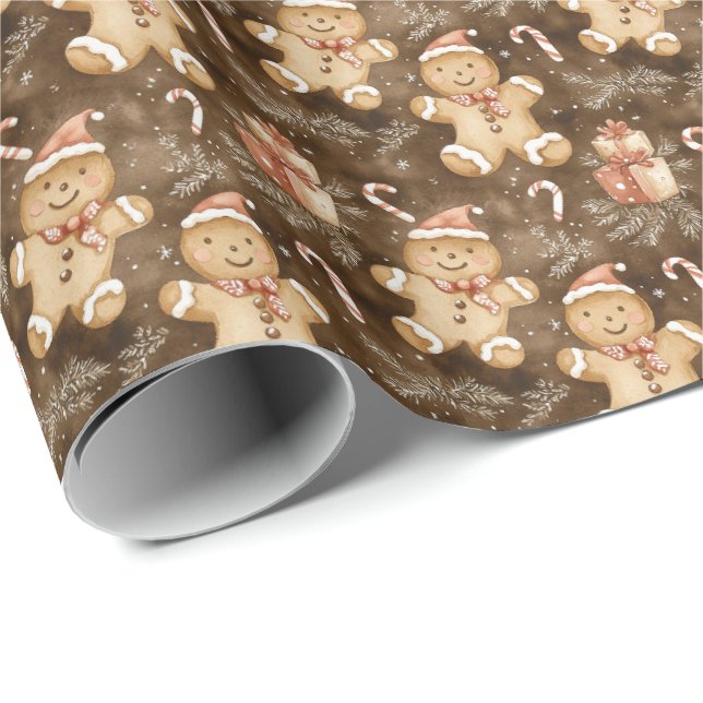 Festive Gingerbread Men with Gifts & Snowflakes  Wrapping Paper (Roll Corner)