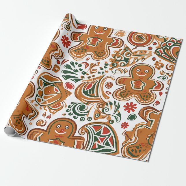 Festive Gingerbread Swirls Pattern Wrapping Paper (Unrolled)