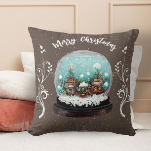 Festive Glass Snowball Winter Village Brown Cushion