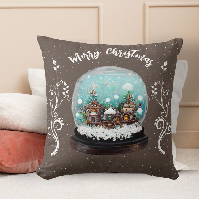 Festive Glass Snowball Winter Village Brown Cushion (Creator Uploaded)