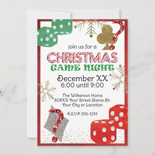Festive Glitter Christmas Game Night Party Invitation (Front)
