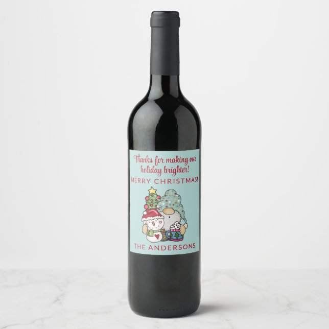 Festive Gnome Snowman Merry Christmas Party Wine Label (Front)