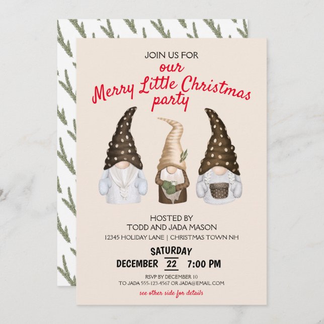 Festive Gnomes Beige Merry Little Christmas Party Invitation (Front/Back)