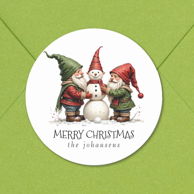 Festive Gnomes Snowman Merry Christmas Sticker (Merry Christmas! Gnomes building a snowman. Personalize.)