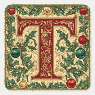 Festive Gold and Red Letter T with Greenery Square Sticker