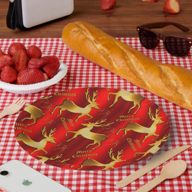 Festive Gold and Red Reindeer Christmas Paper Plate (Picnic)