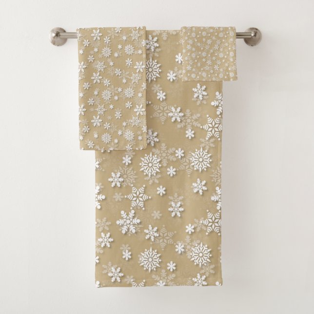 Festive Gold and White Christmas Holiday Snowflake Bath Towel Set (Insitu)