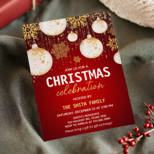 Festive Gold Balls Red Holiday Christmas Party Invitation