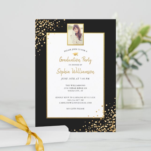 Festive Gold Black Grad Photo Graduation Party Inv Invitation (Creator Uploaded)