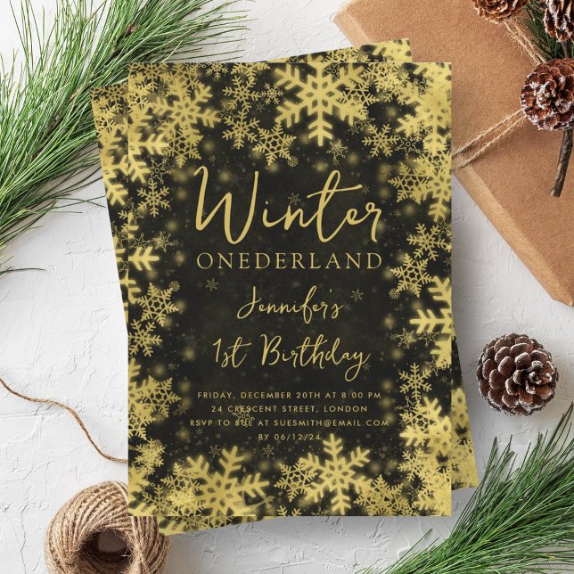 Festive Gold Black Winter ONEDERLAND 1st Birthday Invitation (Festive Gold Black Winter ONEDERLAND 1st Birthday Invitation)