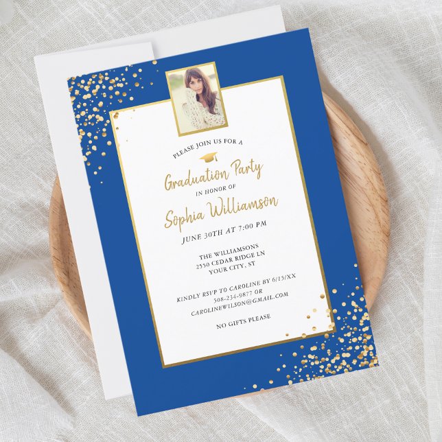 Festive Gold Blue Grad Photo Graduation Party Invitation (Creator Uploaded)