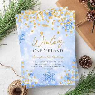 Festive Gold Blue Winter ONEDERLAND 1st Birthday Invitation