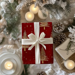 Festive Gold Christmas Trees on Red Wrapping Paper