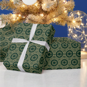 Festive gold dark green geometric elegant pattern wrapping paper