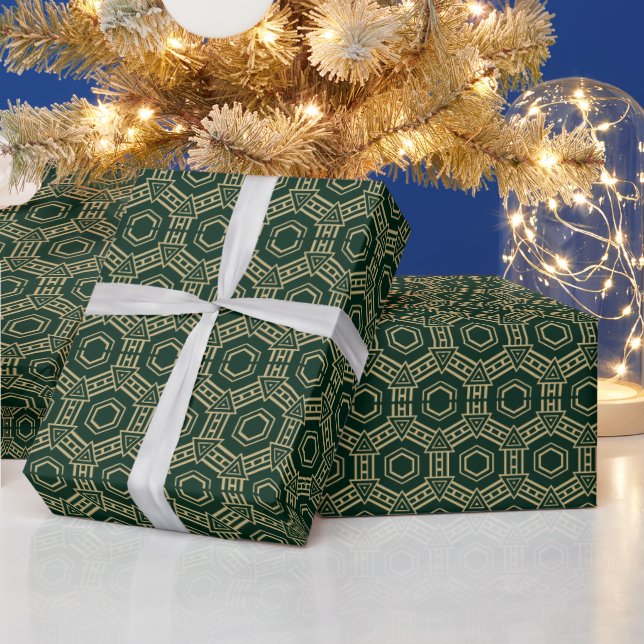 Festive gold dark green geometric elegant pattern wrapping paper (Holidays)