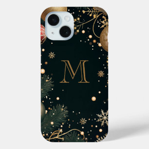 Festive Gold Elegant Christmas Monogram Dark iPhone 15 Case