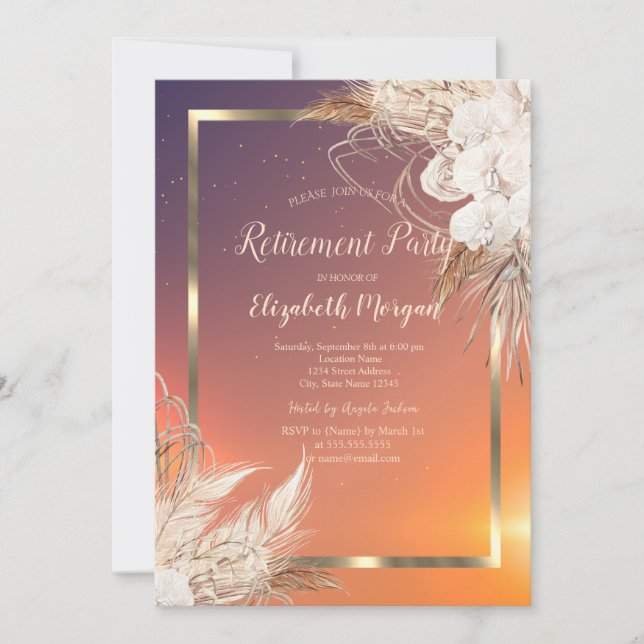 Festive Gold  Frame Boho Flowers Retirement Invitation (Front)